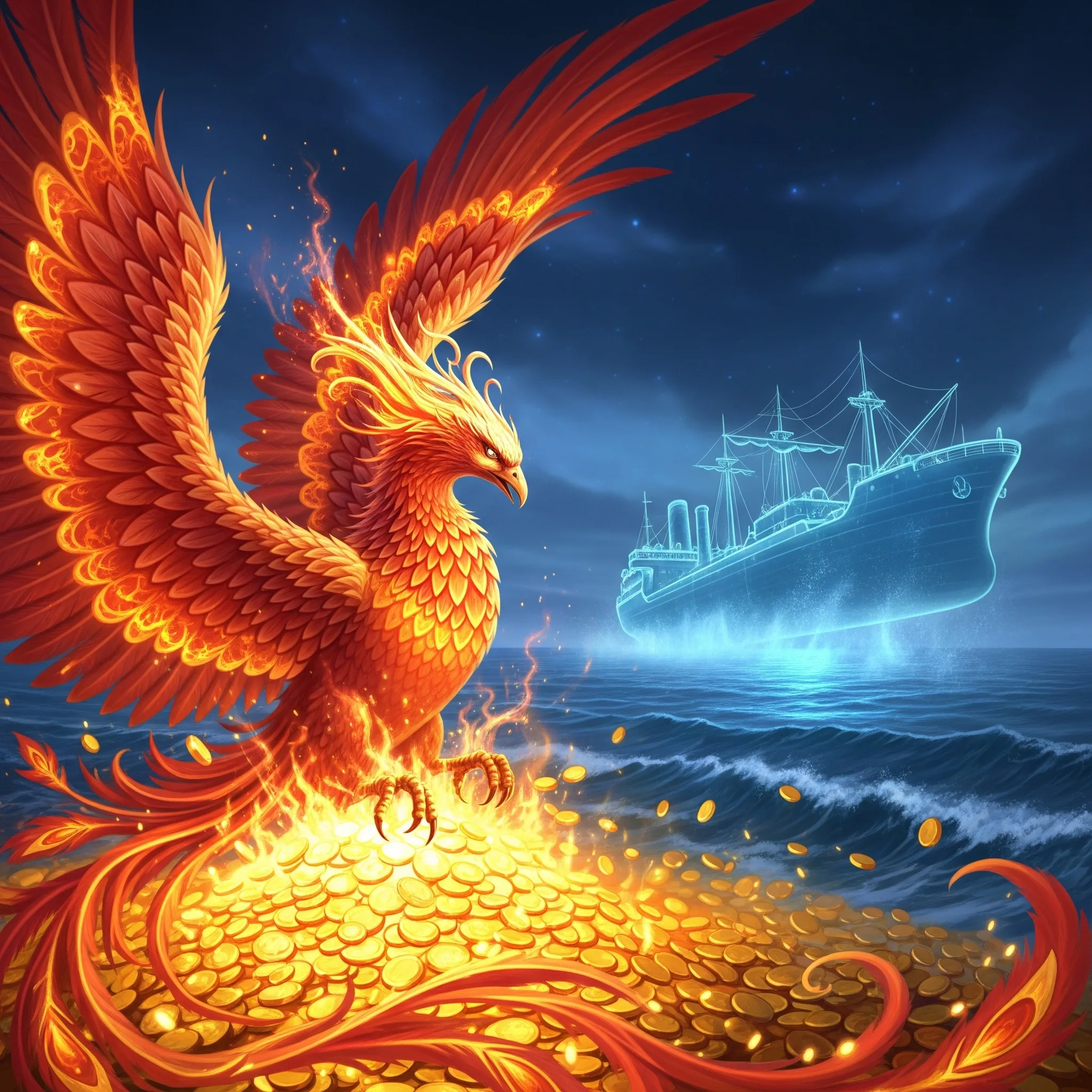 A phoenix, fund and ship, representing "A Phoenix from the Fund: How Ship Arrest Rights Survive a Court Sale"